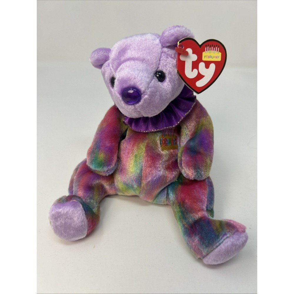 TY Beanie Baby FEBRUARY the Birthday Bear (7.5 inch) W Tags Amethyst Birthstone